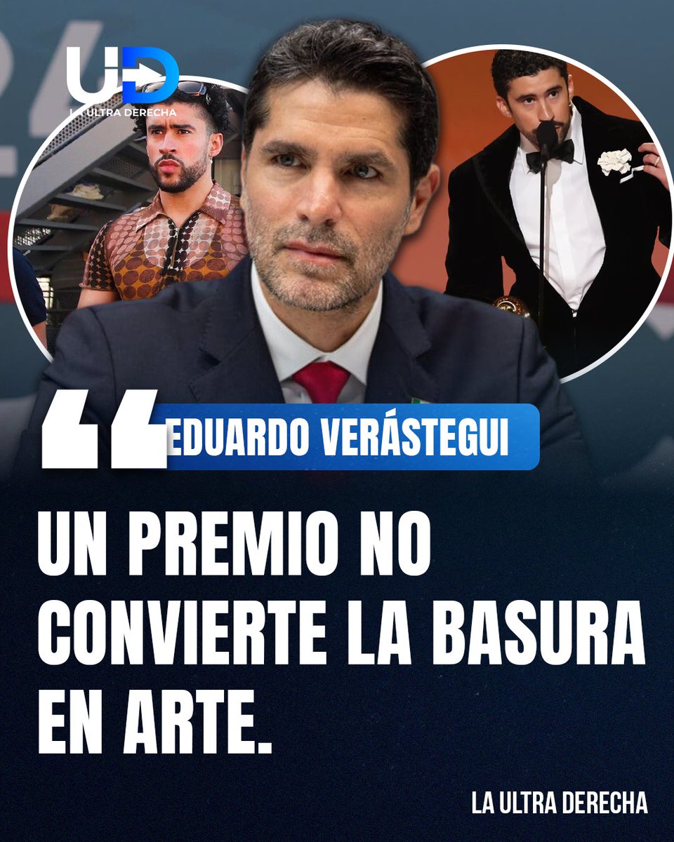 🇲🇽|🚨¡DURO! <a href="/EVerastegui/">Eduardo Verástegui</a> arremetió contra el premio otorgado a Bad Bunny y afirmó que un galardón no convierte la basura en arte. 

Con ello se sumó a la ola de críticas de millones de usuarios en redes sociales, quienes han calificado la entrega del Premios Grammy a Bad Bunny