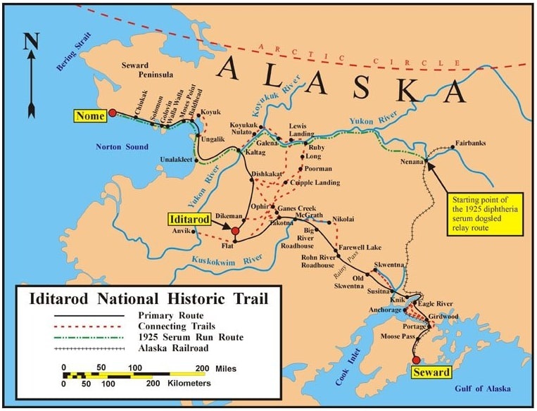 Heroic Dogs Rush Life-Saving Serum to Save Nome, Alaska bit.ly/2NWHH1t #OTD #ThisDayinHistory #History
Map: the route of the 1925 diphtheria serum dogsled relay. Credit: U.S. Bureau of Land Management; Wikimedia Commons.