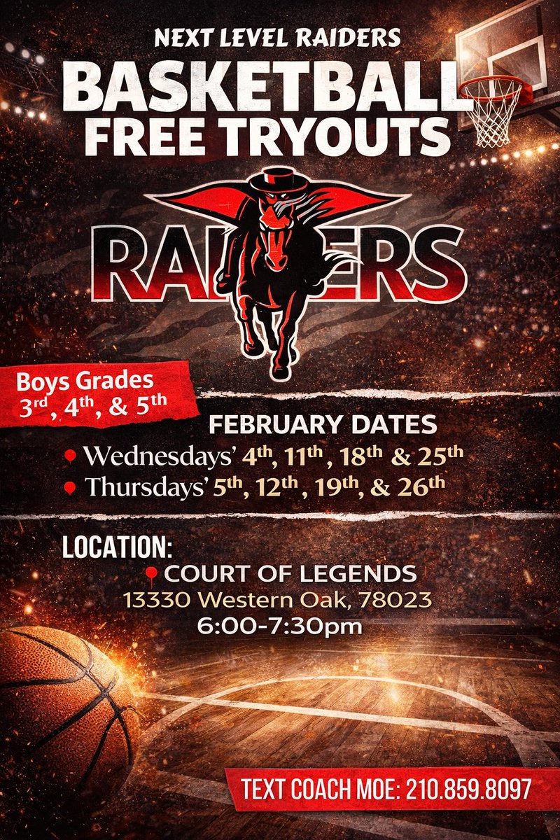 _NLRaiders_'s tweet photo. Itβs time to get in the gym with the premiere AAU team in the San Antonio area! We will be having tryouts the entire month of February! Our tryouts are FREE for all new players looking to join the team. If you have any questions, please feel free to reach out #ThisIsNextLevel π https://t.co/S2dRJBuIif