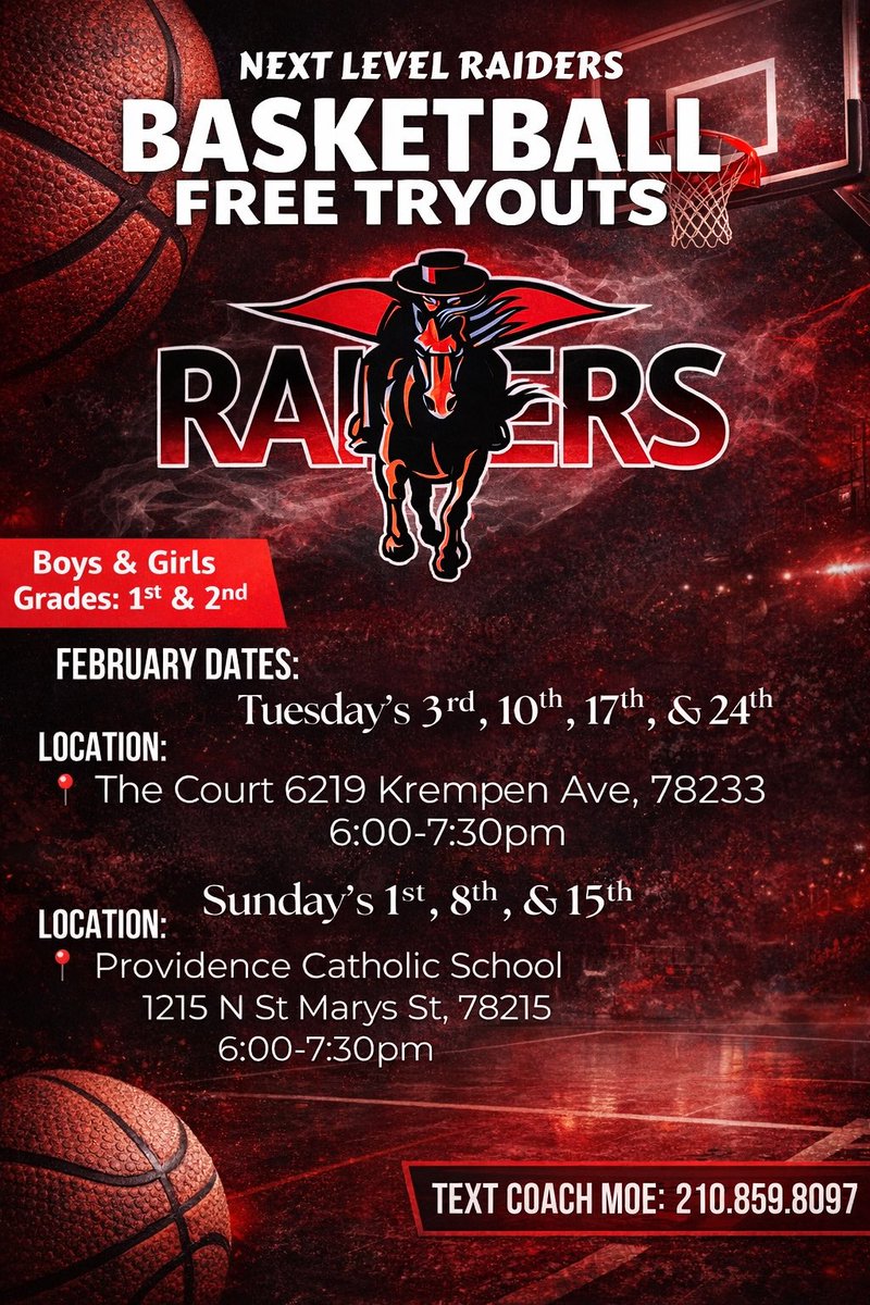 _NLRaiders_'s tweet photo. Itβs time to get in the gym with the premiere AAU team in the San Antonio area! We will be having tryouts the entire month of February! Our tryouts are FREE for all new players looking to join the team. If you have any questions, please feel free to reach out #ThisIsNextLevel π https://t.co/S2dRJBuIif