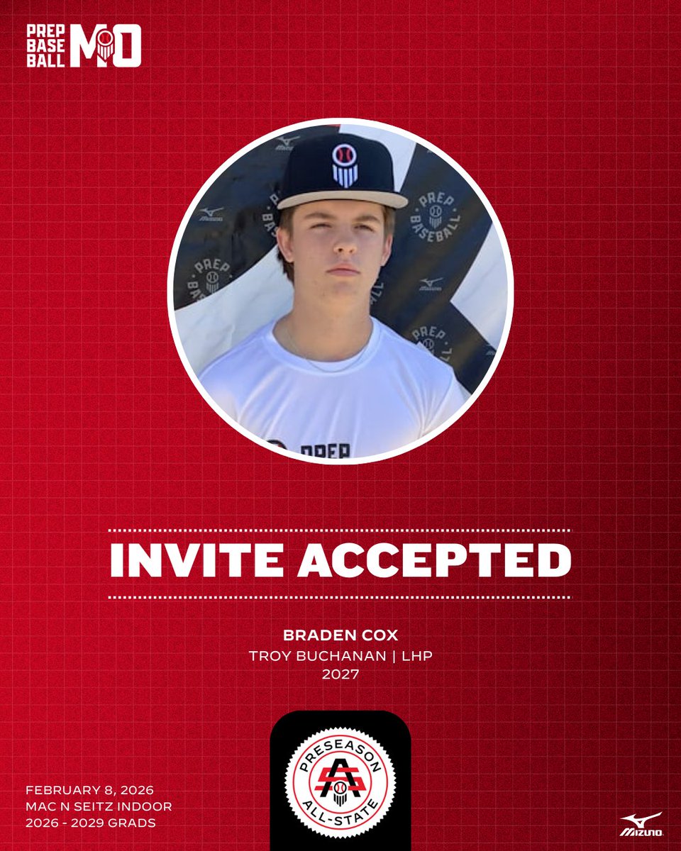 PrepBaseballMO's tweet photo. 𝙈𝙊𝙆𝘼𝙉 𝙋𝙧𝙚𝙨𝙚𝙖𝙨𝙤𝙣 𝘼𝙡𝙡-𝙎𝙩𝙖𝙩𝙚: 𝙄𝙣𝙫𝙞𝙩𝙚 𝘼𝙘𝙘𝙚𝙥𝙩𝙚𝙙 ✅

'27 LHP Braden Cox (Troy Buchanan) is Locked In 🔐 for #MOKANPAS26

👤: https://t.co/3kSFtTqGG8 // @bradencox_9 https://t.co/giForwsQVO