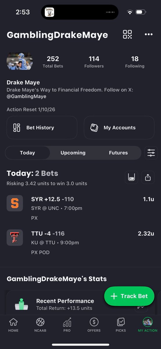 GamblingMaye's tweet photo. 1/2/26 CBB Card🔫🤖
POD: Texas Tech -4 (-116) 2U
Syracuse +12.5 (-110) 1U🍊
Two Piece To Start Off Our Monday. Turning The CBB Ship Around After A Brutal January. Roll Red Raiders🤠
All Odds Powered By @PlayProphetX ⚡️
The Best Lines In The Business. #freeAD
GL To Everyone Tonight❤️
#GamblingX #cbb