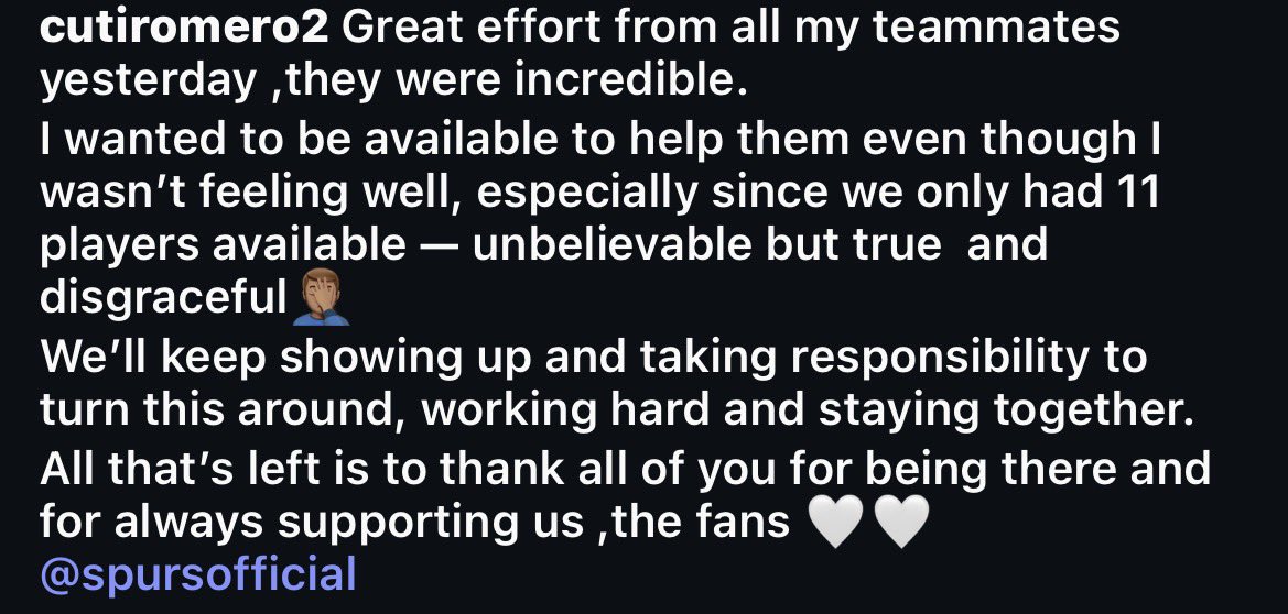 TheSpursExpress's tweet image. 🚨| Cristian Romero has described #Tottenham’s lack of available players right now as ‘unbelievable and disgraceful’ in his latest Instagram post