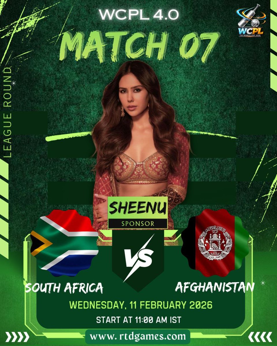 WCPL 4.0 

LEAGUE ROUND : WEEK 02

MATCH 07 : SA vs AFG

Powered by : Sheenu <a href="/ssheenu_Sharma/">❀ ❥ ⁂ ਸ਼ੀਨਾਮ ⁂ ❥ ❀ 🐶</a> 

Name : 
Team : 
Winner : 
1st Innings Score :
1st Innings Powerplay :

#WCPL  #T20WorldCup2026 #SAvsAFG