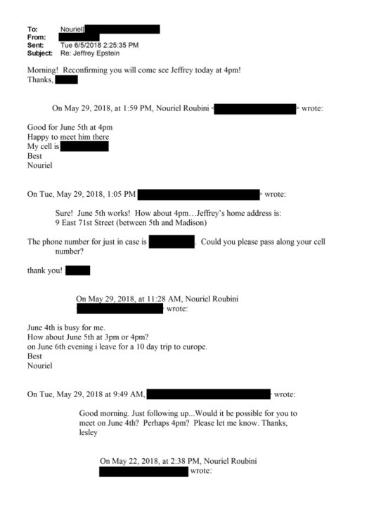 DOJ Epstein files show May–June 2018 emails arranging an in-person meeting between Nouriel Roubini and Jeffrey Epstein at Epstein’s NYC townhouse (9 E 71st St).

I remember, this is around the same time Roubini became a public antagonist of Bitcoin and when he publicly blocked me