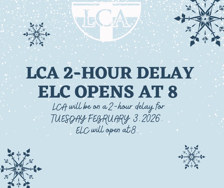 LCABulldogs's tweet photo. Due to the potential for black ice, LCA will operate on a 2-hour delay Tuesday, February 3. Elementary early room will open at 9:00 for those who are registered, with Fit Club beginning at 9:30. There is no Zero Period for high school. ELC will open at 8:00 with no early room. https://t.co/J8BYWR8NVB