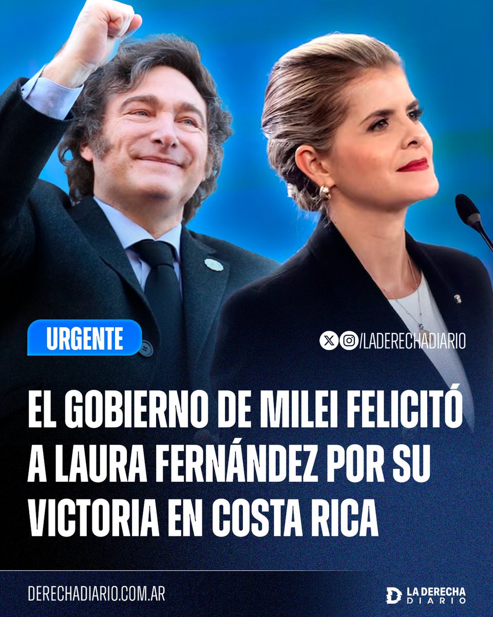🚨🇦🇷🇨🇷 | El Gobierno de Milei felicitó a la derechista presidente electa Laura Fernández por su victoria en las elecciones de Costa Rica: "La Argentina y Costa Rica comparten principios y valores democráticos, en particular el compromiso con la libertad, el Estado de Derecho y el