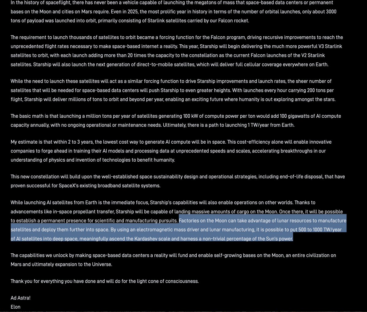 SawyerMerritt's tweet image. This is probably one of the wildest sentences I've ever read.

In Elon's new letter: "Factories on the Moon can take advantage of lunar resources to manufacture satellites and deploy them further into space. By using an electromagnetic mass driver and lunar manufacturing, it is…