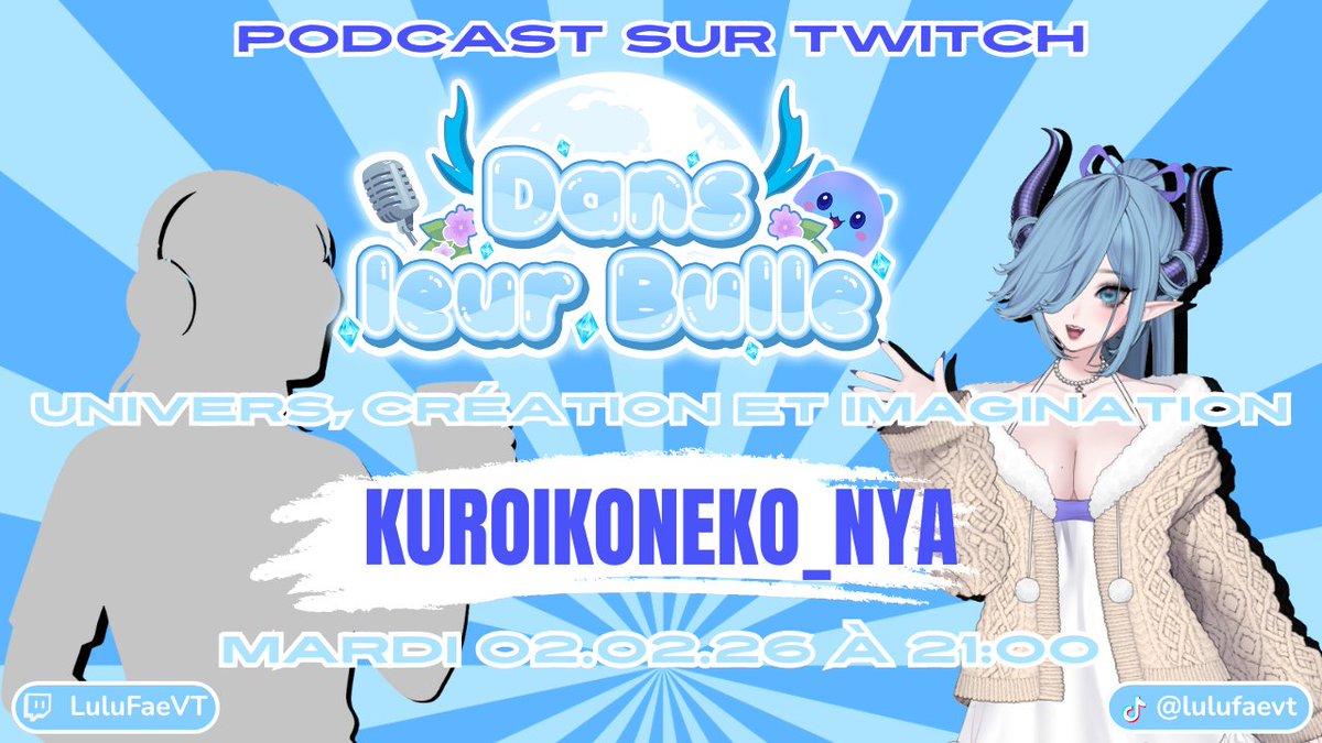 Hey #vtuberfr !! Ce soir on parle de création d'univers, de fantasy, de magie, d'imagination et aussi de mise en pratique de tout ça !!!

<a href="/KuroixKoneko/">🐱 Kuroi-Koneko ⟦VtuberFR⟧ - Vgen OPEN 🌙</a> nous fait le plaisir d'être notre invité et de nous laissez entrer dans sa bulle !!

twitch.tv/lulufaevt