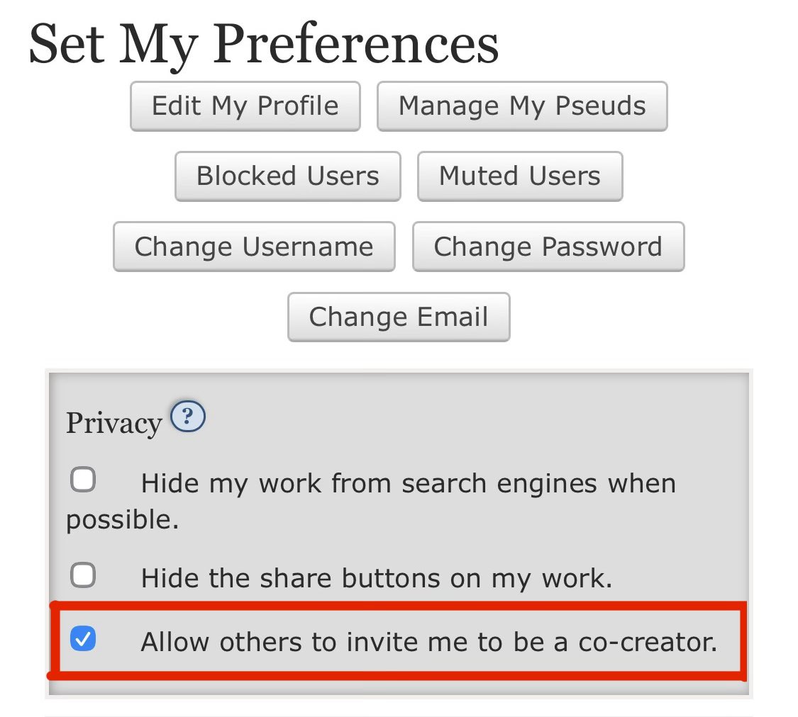 Первая партия приглашений на AO3 разослана! Если вам не пришло приглашение, пожалуйста, зайдите в настройки и включите возможность приглашать вас в качестве соавтора.