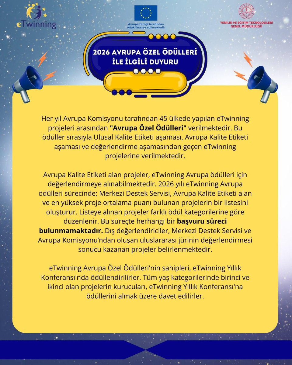 BUYIL PRİZE ÖDÜLLERİ İÇİN BAŞVURU YAPILMAYACAK. 
 Merkezi Destek Servisi ve Avrupa Komisyonu’ndan oluşan uluslararası jürinin değerlendirmesi sonucu kazanan projeler BELİRLENECEKTİR. 

 school-education.ec.europa.eu/en/etwinning/e…