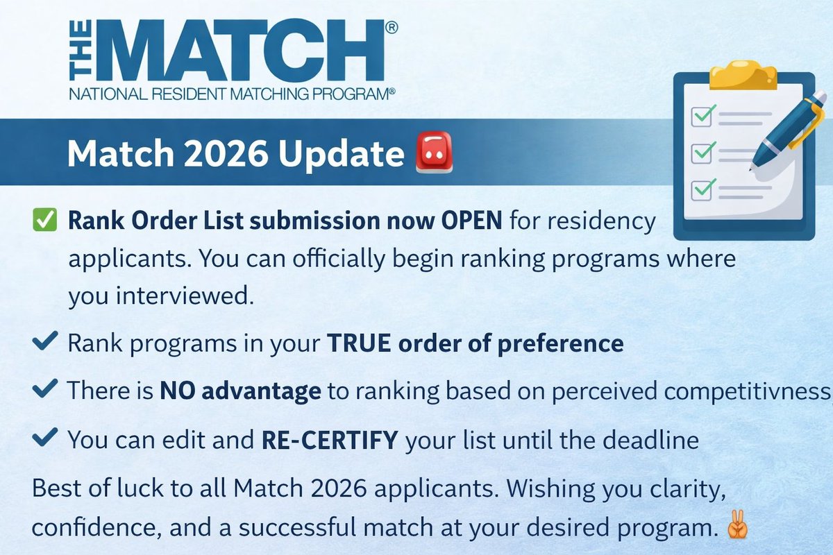 AhmadRehanKhan's tweet photo. 𝗥𝗮𝗻𝗸 𝗢𝗿𝗱𝗲𝗿 𝗟𝗶𝘀𝘁 𝗕𝗲𝗴𝗶𝗻𝘀:

Rank Order List submission is now open for residency applicants.
You can officially begin ranking programs where you interviewed.

Key reminders:

• Rank programs in your true order of preference
• There is no advantage to ranking based on perceived competitiveness
• You can edit and re certify your list until the deadline

Best of luck to all Match 2026 applicants. Wishing you clarity, confidence, and a successful match at your desired program 🤞

Post Courtesy @TheNRMP

https://t.co/UsNrfEFkC5

#Match2026 #MedTwitter #NRMP