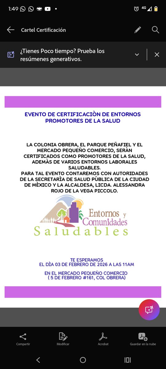 M_PComercio's tweet photo. Hola, los invitamos mañana 3 de Febrero al evento de certificación del Mercado del Pequeño Comercio y Parque Peñafiel como espacios promotores de la salud.
Contaremos con la presencia de la secretaria de salud del gobierno de la ciudad y la alcaldesa en Cuauhtémoc, a las 11 A.M. https://t.co/hPbq6leiaS