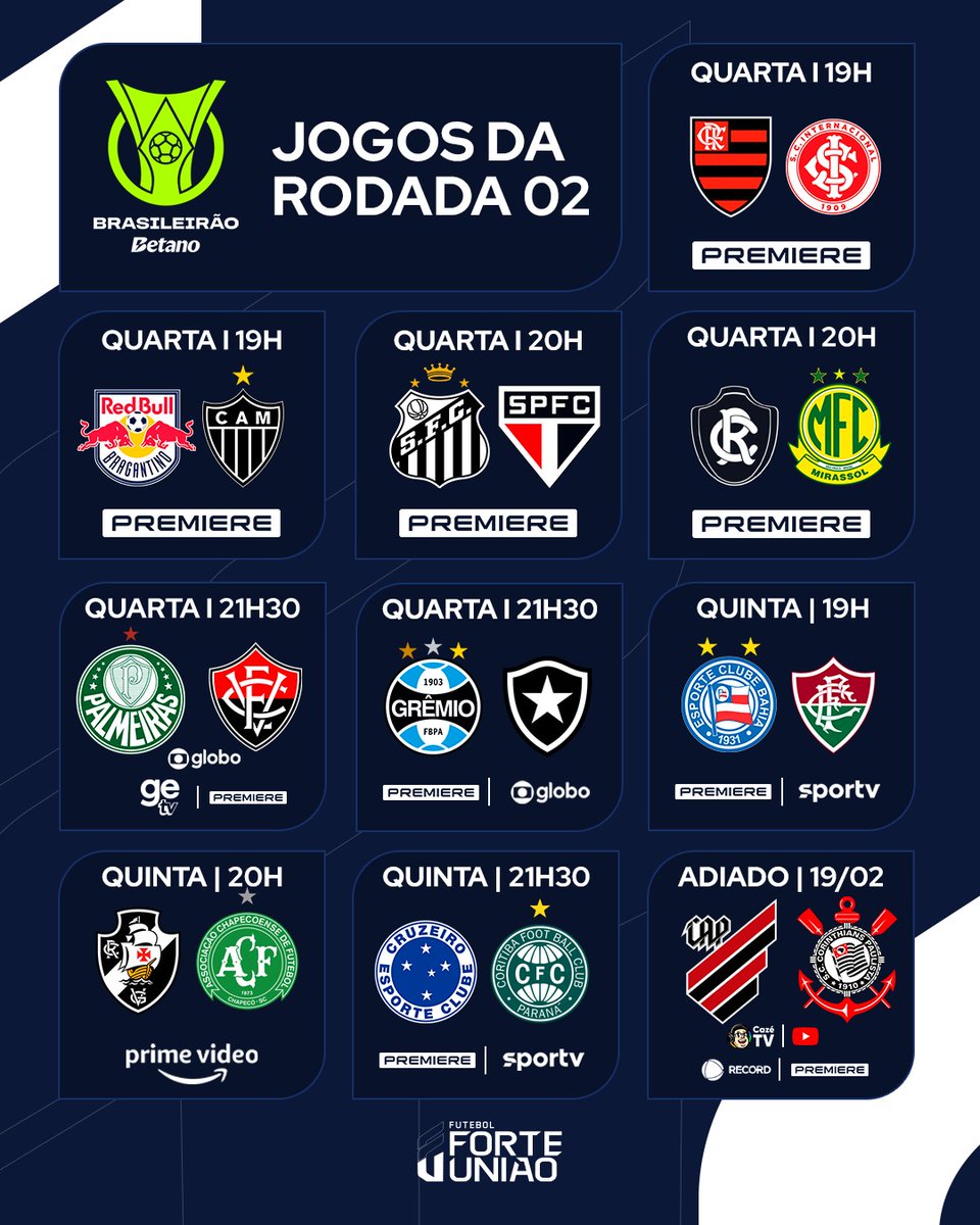 VAI COMEÇAR MAIS UMA RODADA! 🤩
Se liga nos jogos e onde assistir à 2ª rodada do #Brasileirão!

#ForteUnião