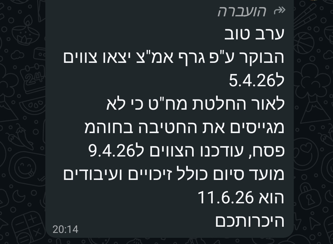 רבים מחבריי בציונות הדתית מקבלים בימים אלה התרעה על תאריכי המילואים שלהם ל 2026 - כולם לחודשיים פלוס.
לחלקם זה יוצא על פסח לחלק על החופש הגדול כולו.
פוליטיקאים קטנים שחולמים על זה שהצורך הקריטי בסיוע חרדי איכשהו יישכח, צפוים להתבדות. די קשה לא לשים לב שאבא לא נמצא בבית בליל הסדר.