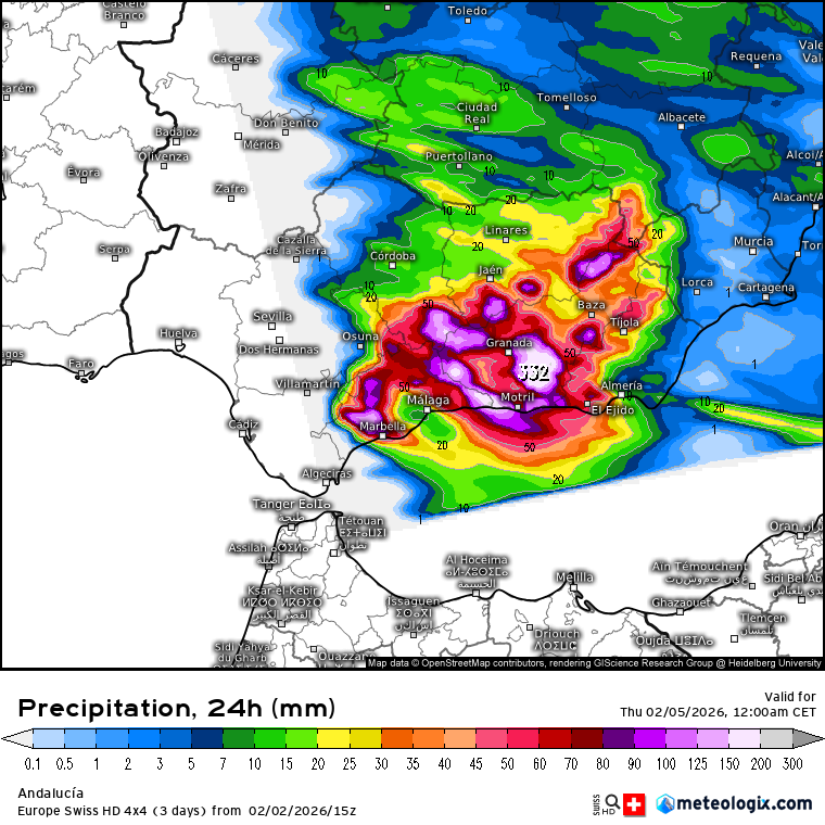 MeteoAlhambra's tweet photo. Situación muy compleja la del Miércoles, este modelo por ejemplo mete alrededor de 300 mm en Sierra Nevada ⚠️

⬇️⬇️⬇️ https://t.co/cxvKKiCXmh