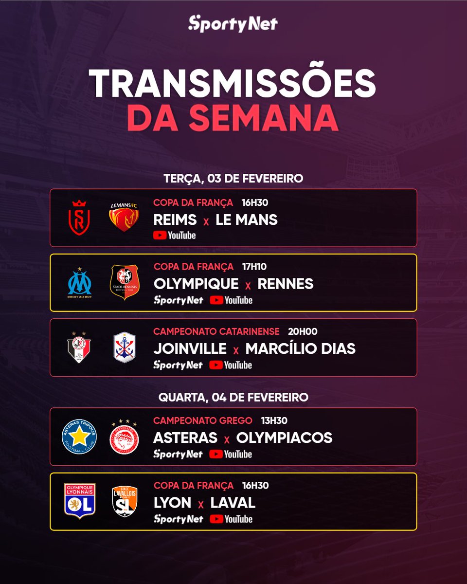 SportyNetBrasil's tweet photo. Semana recheada de futebol! 🏆⚽

Tem muita Copa da França, Copa da Itália, partidas decisivas nos estaduais e, claro, clássico no Tequilão pelo Campeonato Mexicano 🔥

Você não pode perder, fique atento ao Canais e claro no YouTube da SportyNet.

São tantos jogos que nem cabe no post, veja os comentários...

#NoCentroDoJogo