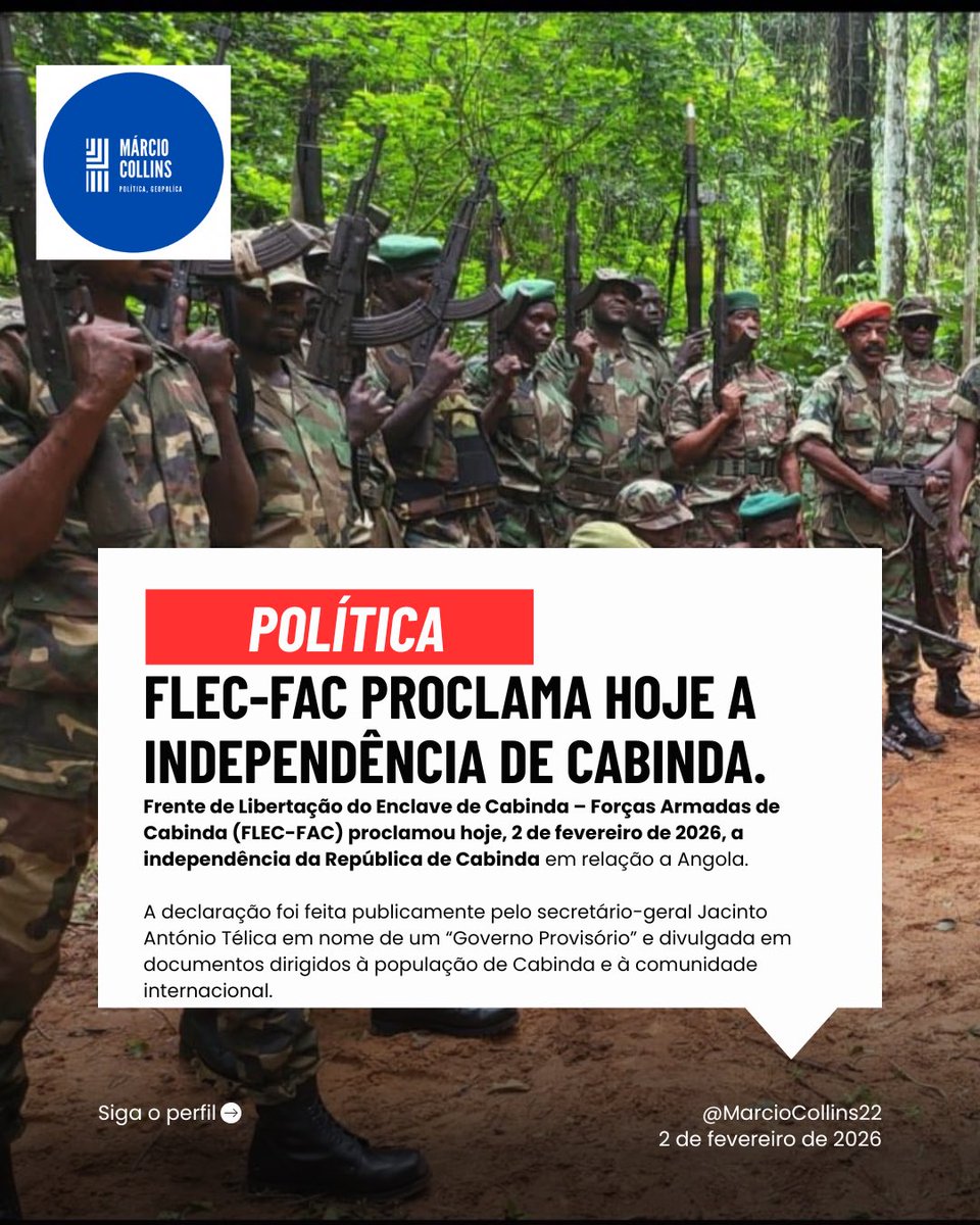 FLEC-FAC PROCLAMOU HOJE A INDEPENDÊNCIA DE CABINDA.

A declaração foi feita publicamente pelo secretário-geral Jacinto António Télica em nome de um “Governo Provisório” e divulgada em documentos dirigidos à população de Cabinda e à comunidade internacional.