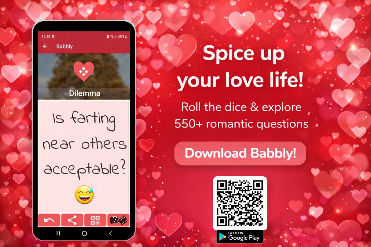 SixSoftware's tweet photo. Truth or Dare… but for couples 😉
🎲 Babbly helps you connect with 550+ romantic questions
Perfect for Valentine’s Day ❤️
Are you ready to roll the dice?
#LoveApp #DatingApp #ValentinesVibes #CouplesGoals https://t.co/VulRMliHwA