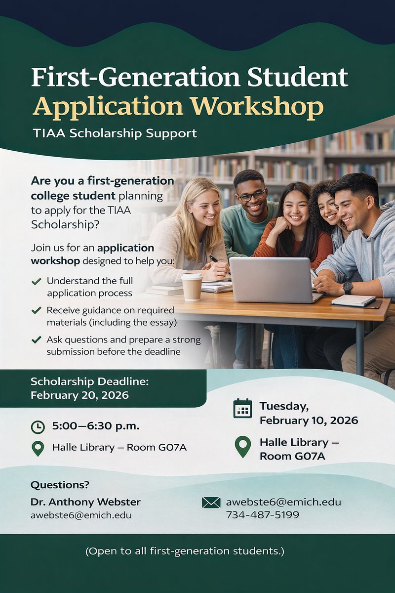 EMUFinancialAid's tweet photo. Are you a first-generation college student? The TIAA Scholarship application deadline is 2/20. Need help with your application? Attend this special workshop on 2/10 for help with your application. https://t.co/vPOgbmG9tr