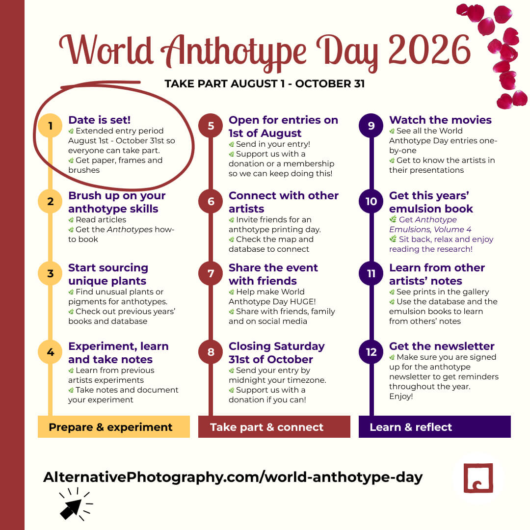 alternativephot's tweet image. Heads up for The FIFTH World Anthotype Day! Find unusual plants, make your emulsion, print, and submit your work between 1 Aug–31 Oct 2026.

Start early, use quality paper, and get the right supplies:
👉 alternativephotography.com/supplies-for-m…

#worldanthotypeday #anthotypes
