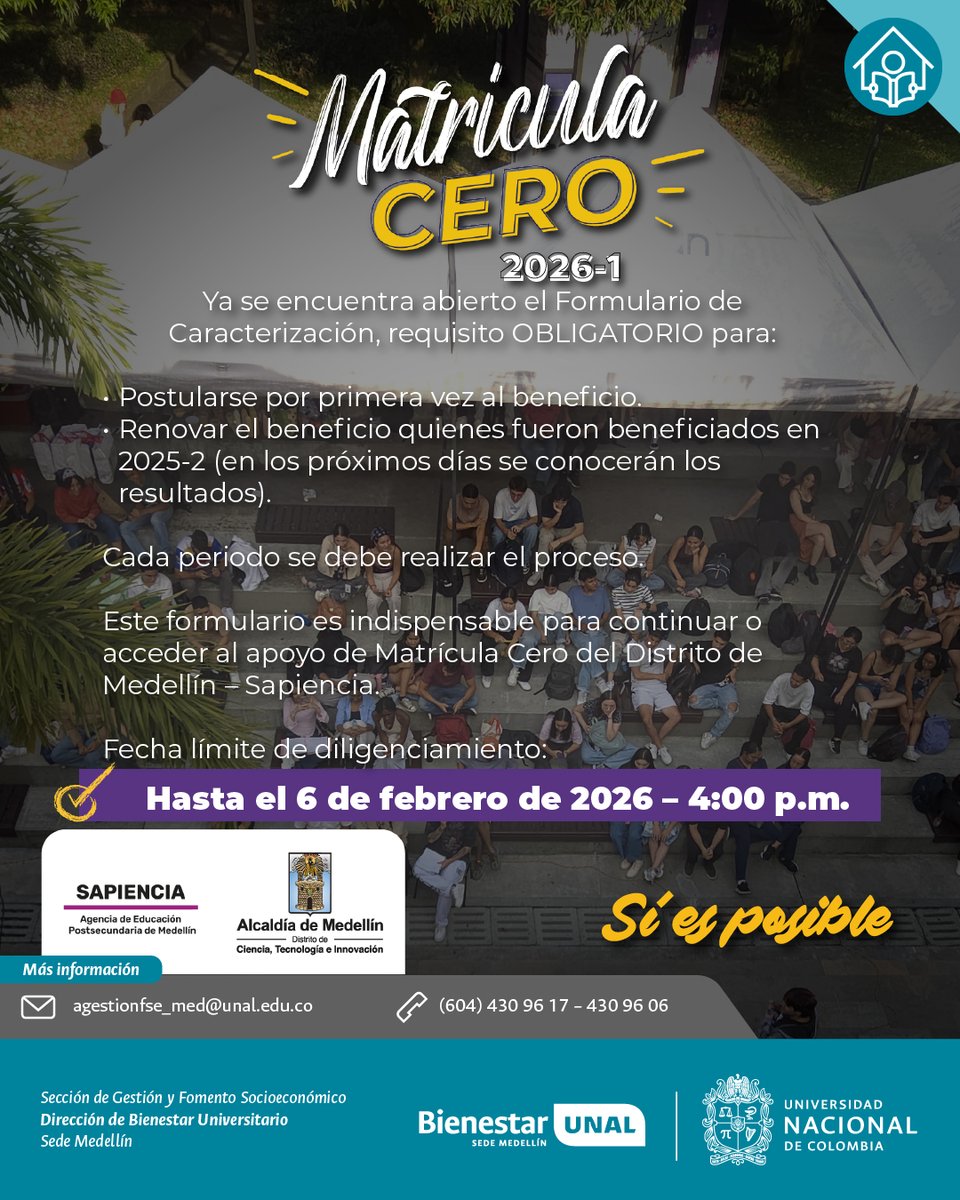 #SomosFomento | Diligencia aquí el formulario 📲 fondos.sapiencia.gov.co/convocatorias/…?

⚠️ Recuerda: sin este formulario NO podrás postularte ni renovar el beneficio.

🔗 Más información (requisitos, inhabilidades, renovación, suspensiones, reglamento general):
sapiencia.gov.co/matricula-cero/
