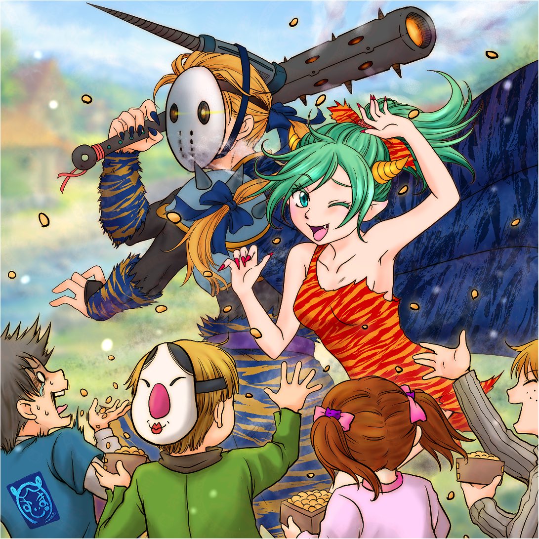 節分ですな。
子供達から豆を喰らう赤鬼どん
うっかり本気すぎた青鬼（？）どん
#エドティナ　#FF6