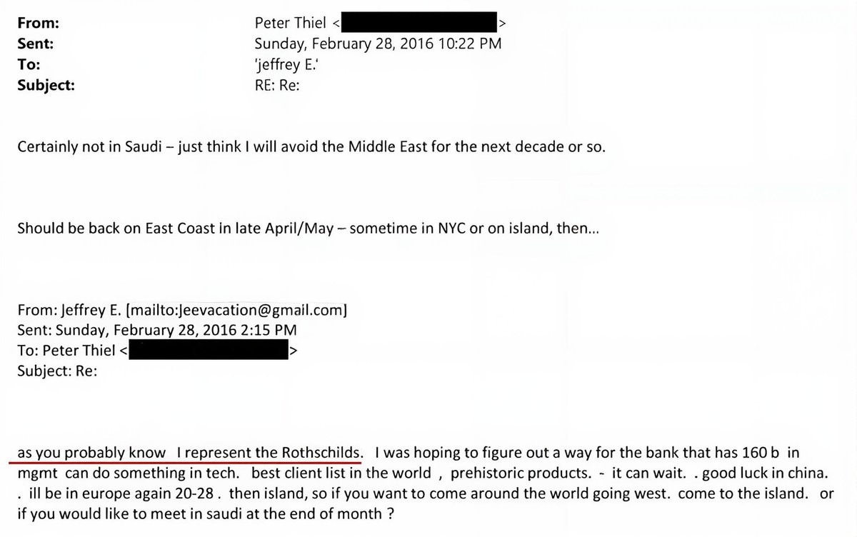 Epstein to Thiel: “I represent the Rothschilds.”

This email explains more about how the world actually works than any WH presser or Trump speech.

The people at the top don’t just know each other; they operate as a single, insulated power network.