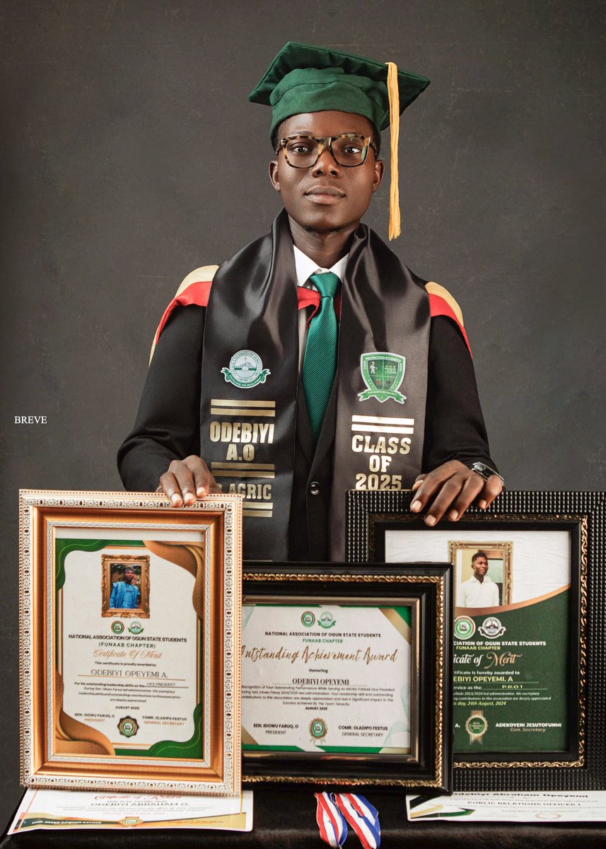 Congratulations to ME! 
ODEBIYI ABRAHAM OPEYEMI 
Crop Protectionist | Entomologist | Safe &amp; Healthy Environment advocate
Second Class Lower 
B. Agric (CROP PROTECTION) 
Political position held
NAOSS Public Relations Officer 23/24
NAOSS Vice President 24/25
#FUNAAB33rdConvocation