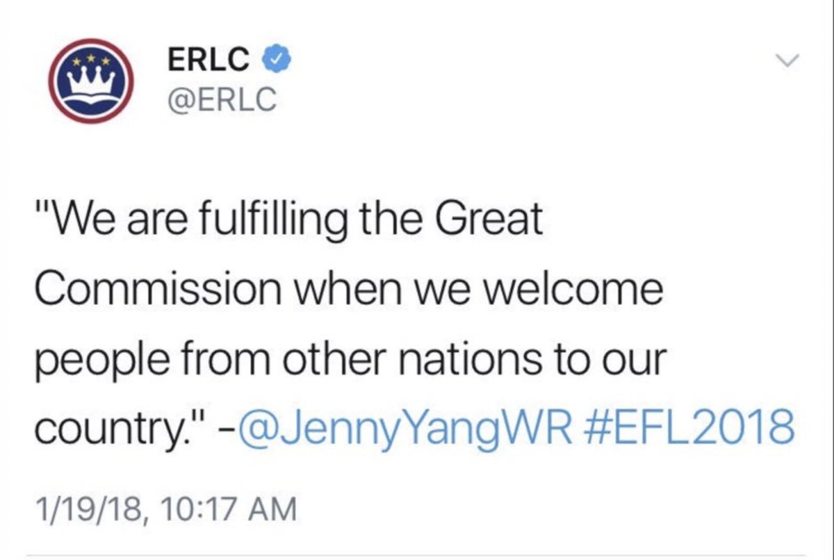 TomBuck's tweet image. This was said at @ERLC Evangelicals for Life conference in conjunction with the March for Life. ERLC promoted this as a pro-life issue.

Yang was VP at World Relief then and now is with the UN Refugee Agency.

ERLC still has a page promoting Yang's views:
erlc.com/profile/jenny-…