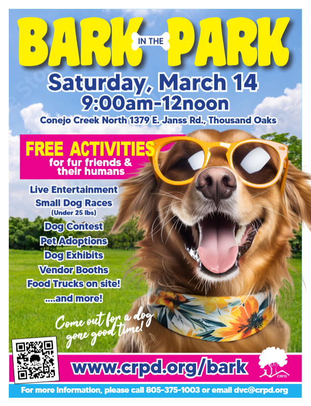 BARK IN THE PARK EVENT 2026
Bring your furry friends and join us on:
Saturday, March 14th, 2026
9:00am–12noon
Conejo Creek North, Thousand Oaks
crpd.org/2026-03-14-bar…\
facebook.com/ConejoRPD