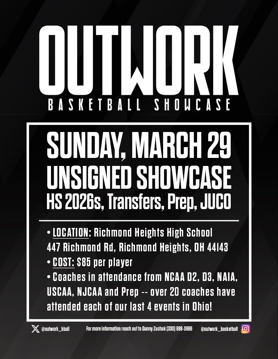 ✔ Unsigned Showcase — March 29
✔ HS 2026s • Transfers • Prep • JUCO • Older Talent With Eligibility Remaining 
✔ +20 NCAA D2/D3, NAIA, USCAA, NJCAA schools in attendance

🗺 Richmond Heights High School
📍 447 Richmond Rd, Richmond Heights, OH 44143
💲 $85 per player