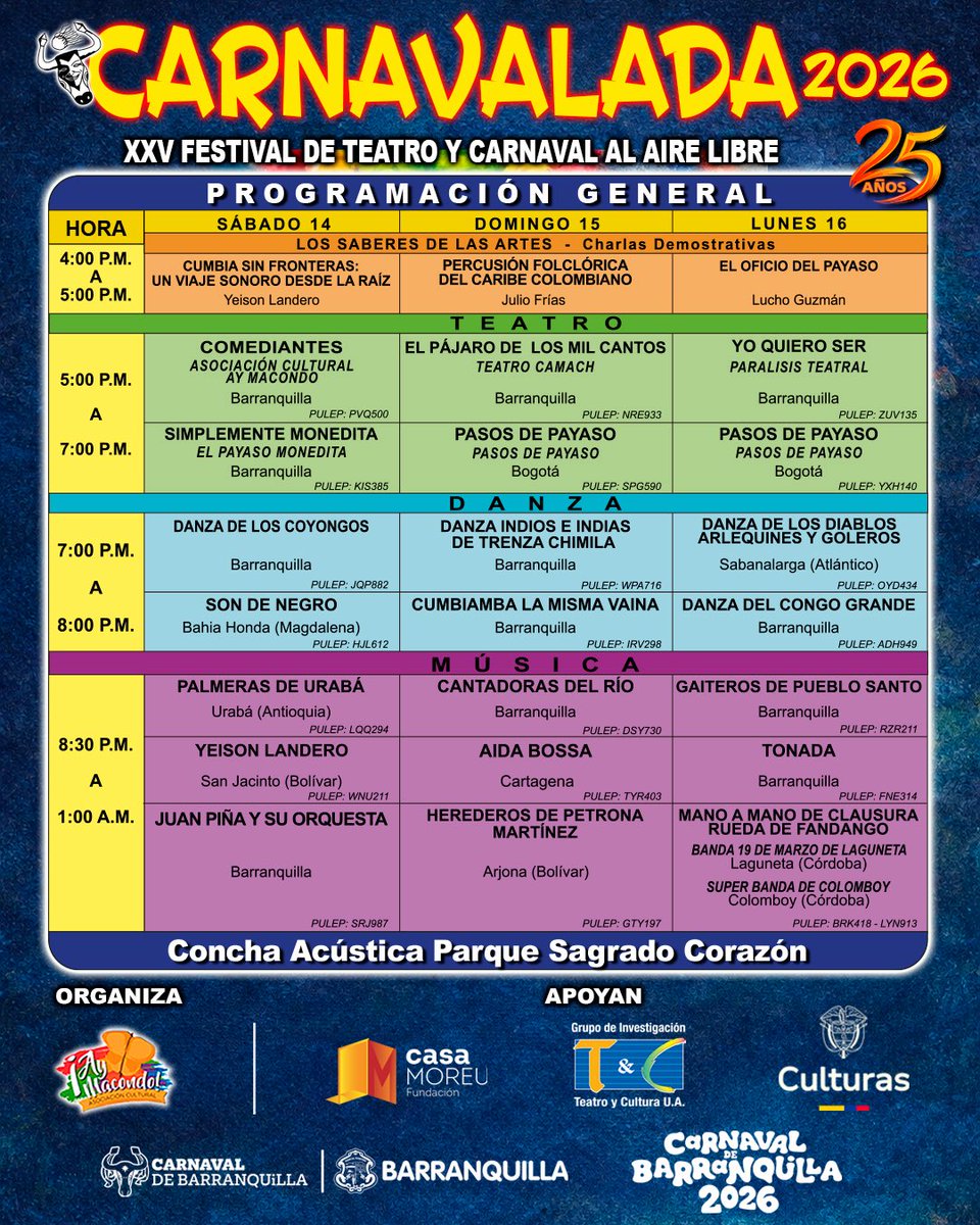 ¡Celebramos 25 años de permanencia viva! 👋

Durante 25 años ha sido un lugar para aprender, celebrar y convivir; un evento donde distintas generaciones se encuentran alrededor de la música, la danza, el teatro y la palabra.

¡Les esperamos! 🫶 <a href="/SecCulturaBaq/">Sec. Cultura de Barranquilla</a> <a href="/mincultura/">MinCultura Colombia</a>