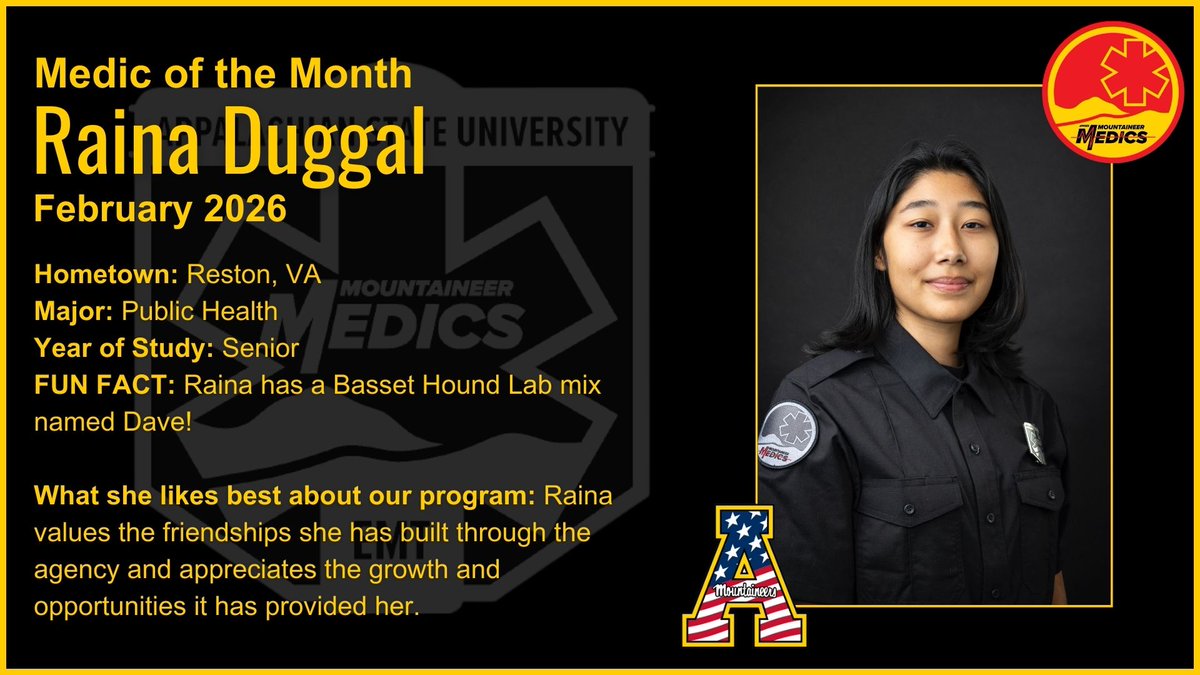 Congratulations to our February Medic of the Month, Raina Duggal! We appreciate her hard work, dedication, and leadership, especially in her role as our Quality Control Lieutenant.