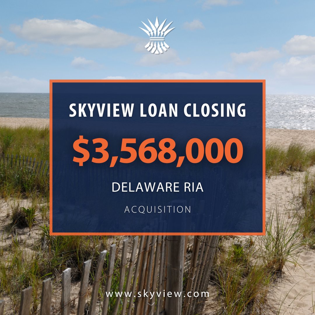 Closed: $3,568,000 Practice Acquisition Loan

SkyView provided financing to a Delaware-based RIA, supporting the purchase of another advisory practice and positioning the firm for continued scale.

Interested in growth capital for your RIA?

Let's talk: bit.ly/4iPVtf2