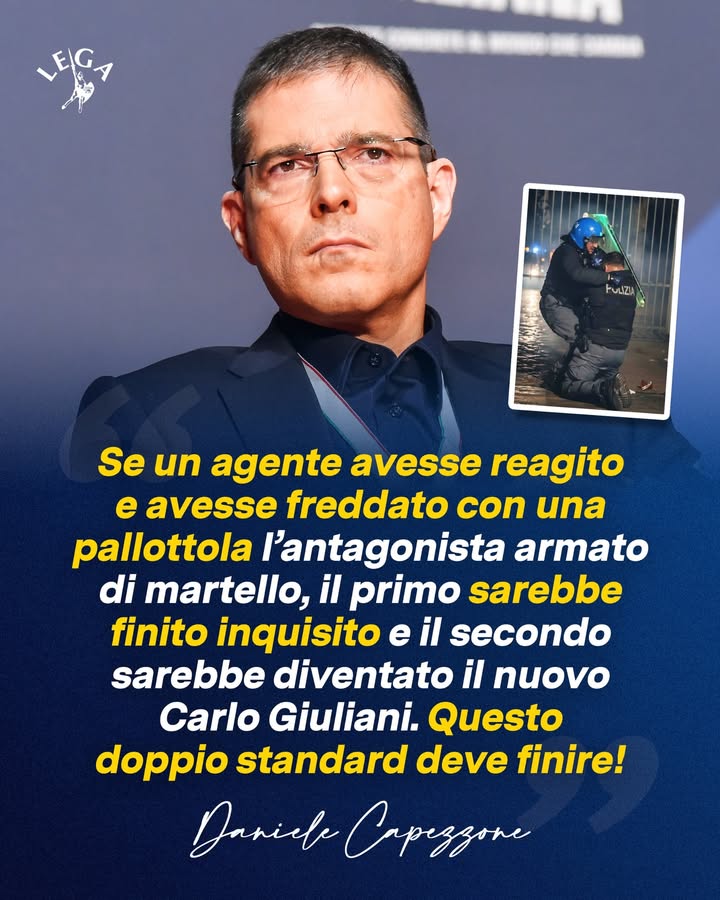 LegaSalvini's tweet photo. 🔵 Daniele Capezzone: "Se un agente avesse reagito e avesse freddato con una pallottola l’antagonista armato di martello, il primo sarebbe finito inquisito e il secondo sarebbe diventato il nuovo Carlo Giuliani. Questo doppio standard deve finire!" https://t.co/NQKOy3gGRR