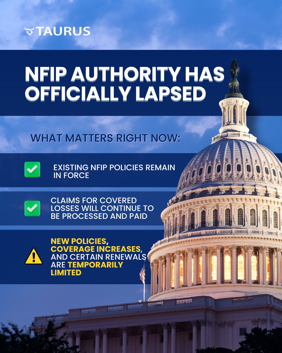 TaurusFlood's tweet photo. NFIP authority has lapsed as of Jan 30, 2026.
✔️ Existing policies remain in force
✔️ Claims will continue to be paid
⚠️ New policies and some renewals are temporarily limited
Taurus remains open and ready to support agents and partners. 🌊🤝
#NFIP #FloodInsurance https://t.co/lueleeNd7t