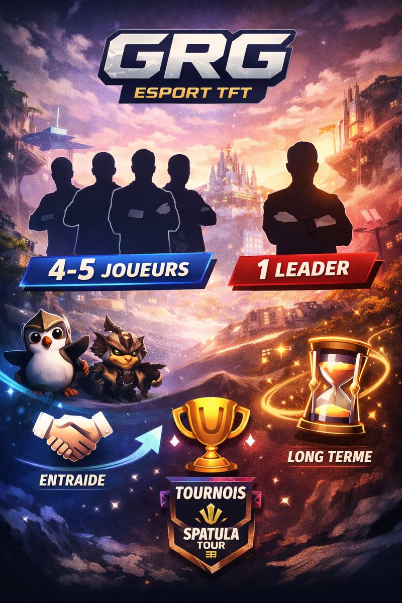🪐 𝐄́𝐐𝐔𝐈𝐏𝐄 𝐄𝐒𝐏𝐎𝐑𝐓 𝐓𝐅𝐓 – 𝐆𝐑𝐆

La GRG lance son projet équipe TFT 🔥
Un groupe de travail sur le long terme, structuré et compétitif.

🎮 4–5 joueurs
🧭 1 leader
💎 High Émeraude minimum
🏆 Tournois réguliers (Spatula Tour inclus)

👉 Entraide • Progression •