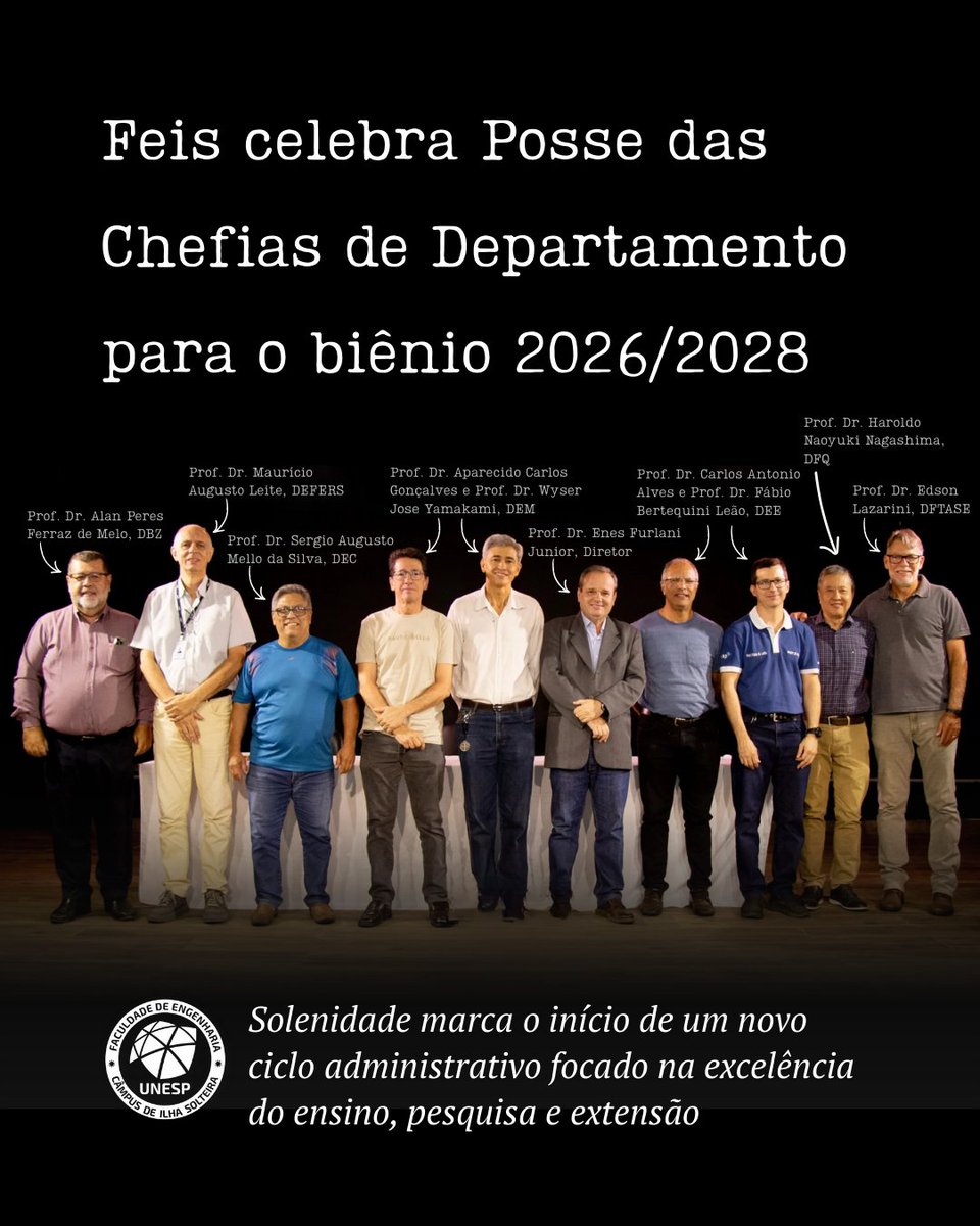 Nova gestão na área! 🎓 Foi oficializada a posse dos novos chefes e vice-chefes de departamento para o biênio 2026/2028. O foco é a excelência acadêmica e inovação. Confira quem são os novos líderes (feis.unesp.br)