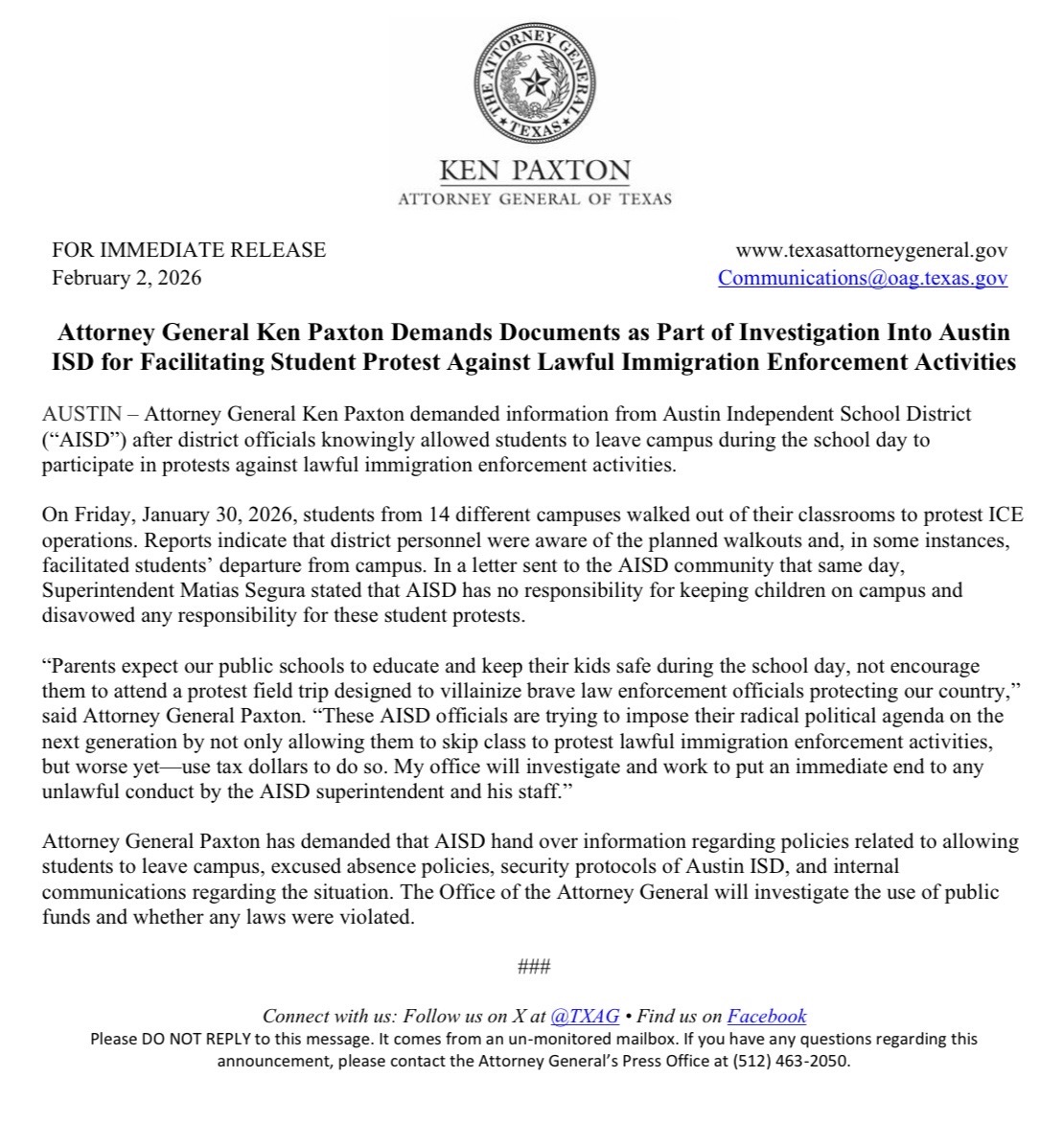 BREAKING: I'm demanding documents as part of an investigation into Austin ISD for facilitating student protests against lawful immigration enforcement activities.