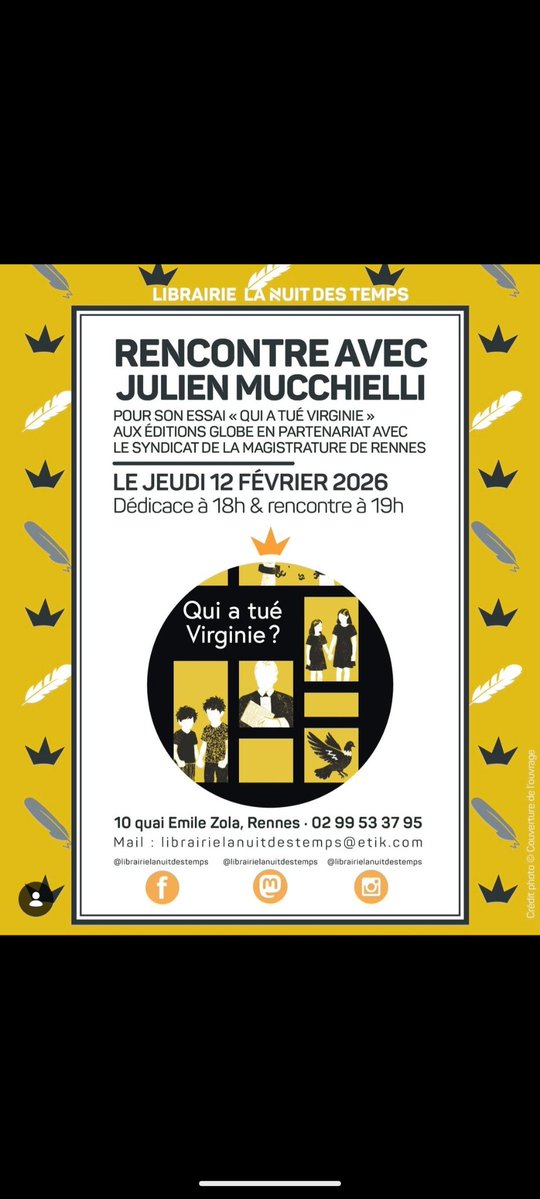 La librairie la nuit des temps et la section rennaise du <a href="/SMagistrature/">SMagistrature</a> m'ont invité à Rennes, le jeudi 12 février à partir de 19h (je serai là dès 18h), pour une discussion autour de mon livre "Qui a tué Virginie ?" 

Au programme : inceste, justice, journalisme, écriture.