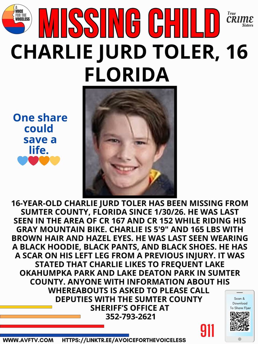 AwarenessTCS's tweet image. 🚨 MISSING TEEN 🚨 16-year-old Charlie Jurd Toler has been missing from Sumter County, Florida since January 30, 2026. He was last seen in the area of CR 167 and CR 152 while riding his gray mountain bike. Charlie is 5'9" and 165 pounds with brown hair and hazel eyes. He was last…