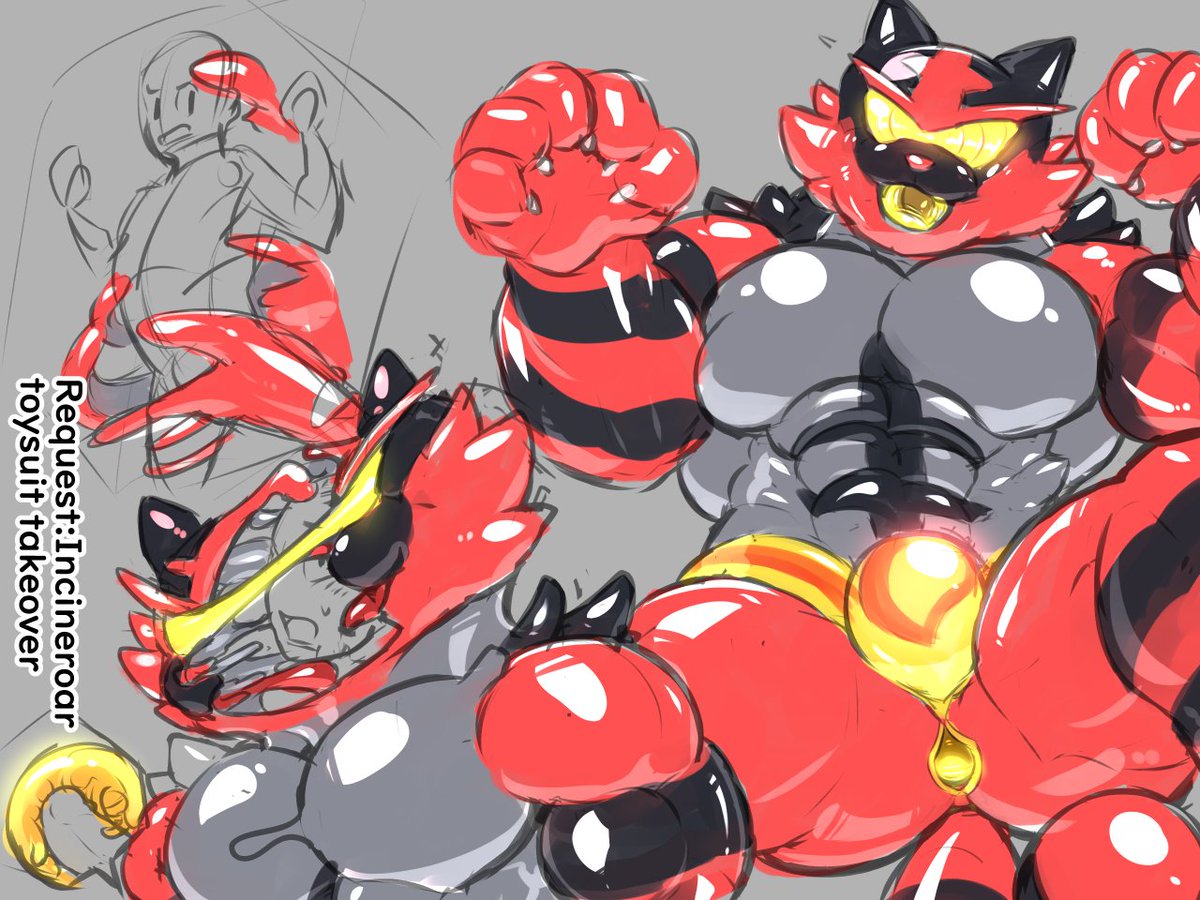 今日のワンドロ(+30min)  
お題箱より: Incineroar Shinx toysuit takeover

おっきいにゃんこです。
超ラフの段階から直でペン入れしようとしてしっぱい