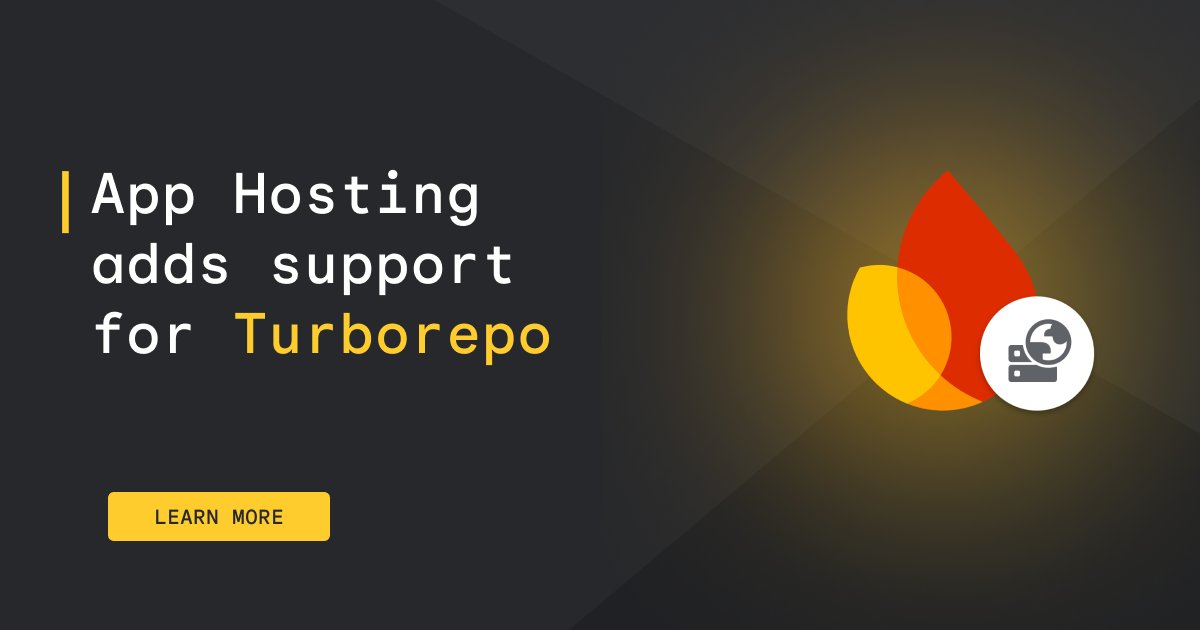 App Hosting now supports Turborepo ⚡️

Get faster, more reliable builds for your JavaScript and TypeScript monorepos with intelligent task scheduling and parallel execution.

Details here → goo.gle/3NofBLl