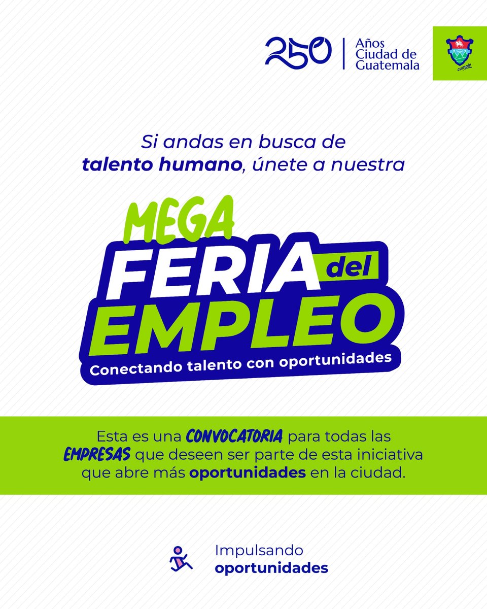 ¡Atención empresas de la Ciudad de Guatemala! 📢 
 
 En #MuniGuate estamos convencidos de que cuando unimos esfuerzos, abrimos caminos y creamos más oportunidades de empleo para nuestra gente.

Hoy queremos INVITARLES a ser parte de las Ferias del Empleo que realizamos alrededor