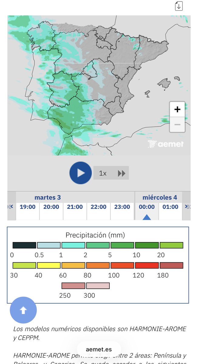 Granada_Meteo's tweet photo. Mañana esperamos una jornada variable con chubascos que sobre todo se producirán durante últimas horas de la noche y la madrugada del miércoles con bastante intensidad toda la jornada por ahora aviso amarillo por lluvias y vientos en toda la provincia.
El segundo mapa nos muestra el modelo Harmonie que usa Aemet el cual va desde las 12 de la mañana del martes hasta las 12 del miércoles y vemos acumulados entre 30/50 litros en gran parte de la provincia y en las Sierras hasta mas de 150 litros en Sierra  Nevada…Con una cota de nieve que podría subir hasta los 2700 metros lo que provocaría un gran deshielo…
El Europeo en la misma linea y la barras de modelos vemos acumulados para la capital medios de 60 a 90 litros de media, situación muy compleja y alto riesgo de inundaciones…
Esta noche la cota de nieve rondará los 1300 metros
Seguiremos informando