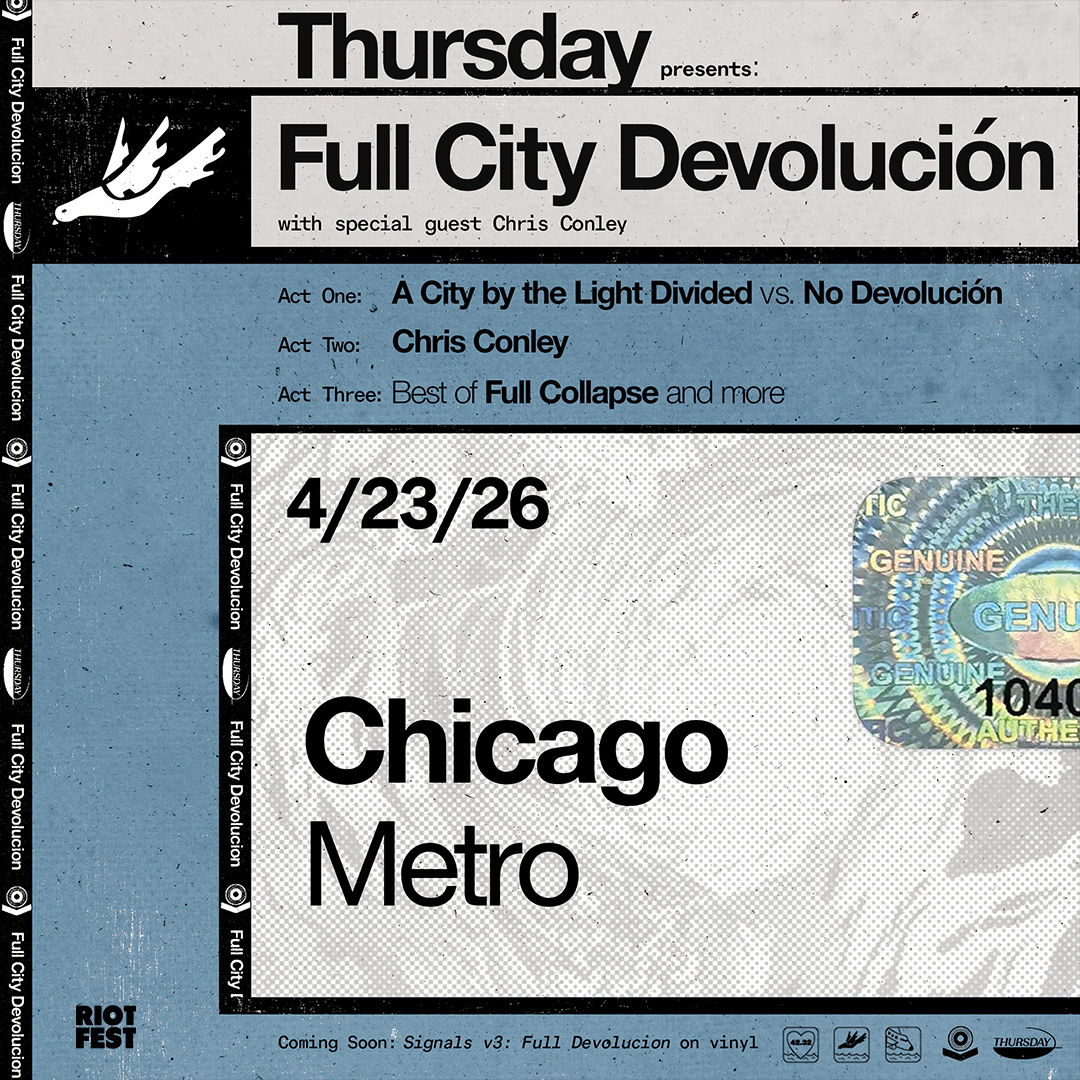 RiotFest's tweet photo. .@thursdayband presents “Full City Devolución” with Chris Conley on April 23 at @MetroChicago. Tickets on sale now: https://t.co/8kNTjglwCQ https://t.co/MAnf9Rk7wa