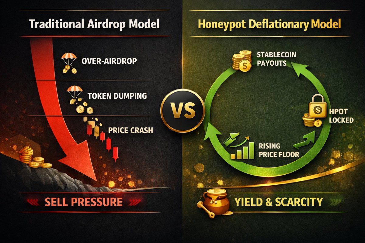 dreamchain001's tweet photo. Solving the “Airdrop Death Spiral”

Most DeFi projects fail not because of weak tech, but because of misaligned incentives. 📉

The Airdrop Death Spiral repeats every cycle:

1️⃣ Projects distribute native tokens to boost early metrics
2️⃣ Users sell immediately to realize value
3️⃣ Liquidity dries up, price collapses, momentum dies

This isn’t greed — it’s design failure. Users are forced to sell because selling is the only way to get paid.

Honeypot Finance breaks this loop with a Deflationary Yield Engine.

Instead of handing out raw $HPOT (sell pressure), Honeypot uses a Token Entitlement model:
• Participation earns entitlements, not dumpable tokens
• Entitlements pay out stablecoins, based on $HPOT valuation
• Users realize real profit without selling $HPOT

The result:
Real value out ➡️ circulating supply down ➡️ stronger, more resilient price structure.

No airdrop death spiral.
Just sustainable incentives built to last 🍯🔥
