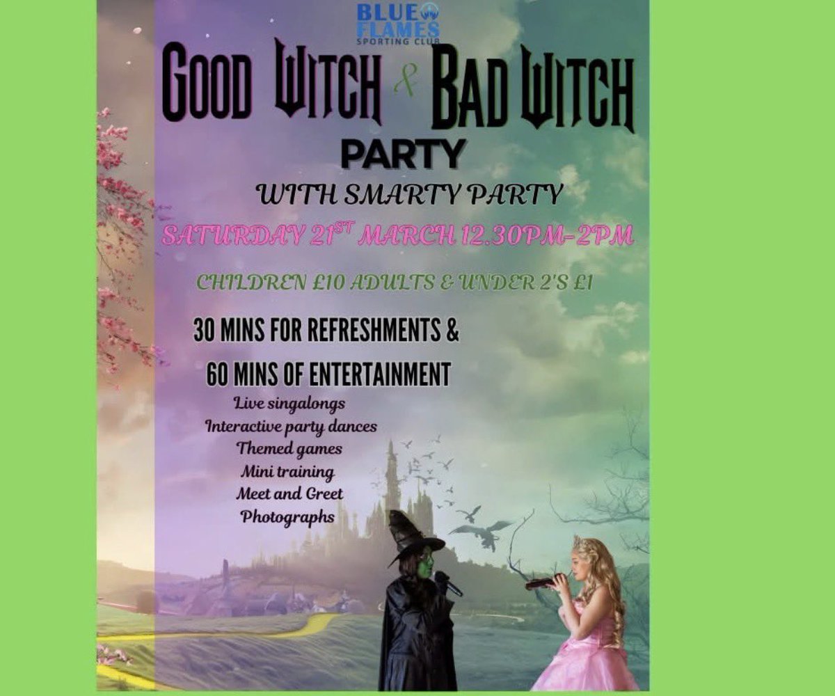 We are super excited to announce we have another wicked party coming to Blue Flames in March. Tickets are available to purchase now on our website 💗💚 blueflames.co.uk/.../good-witch…
.
.
.
. #wicked #wickedmusical #wickedparty #wickedpartyideas #KidsParty #kidsevent #kidsevents