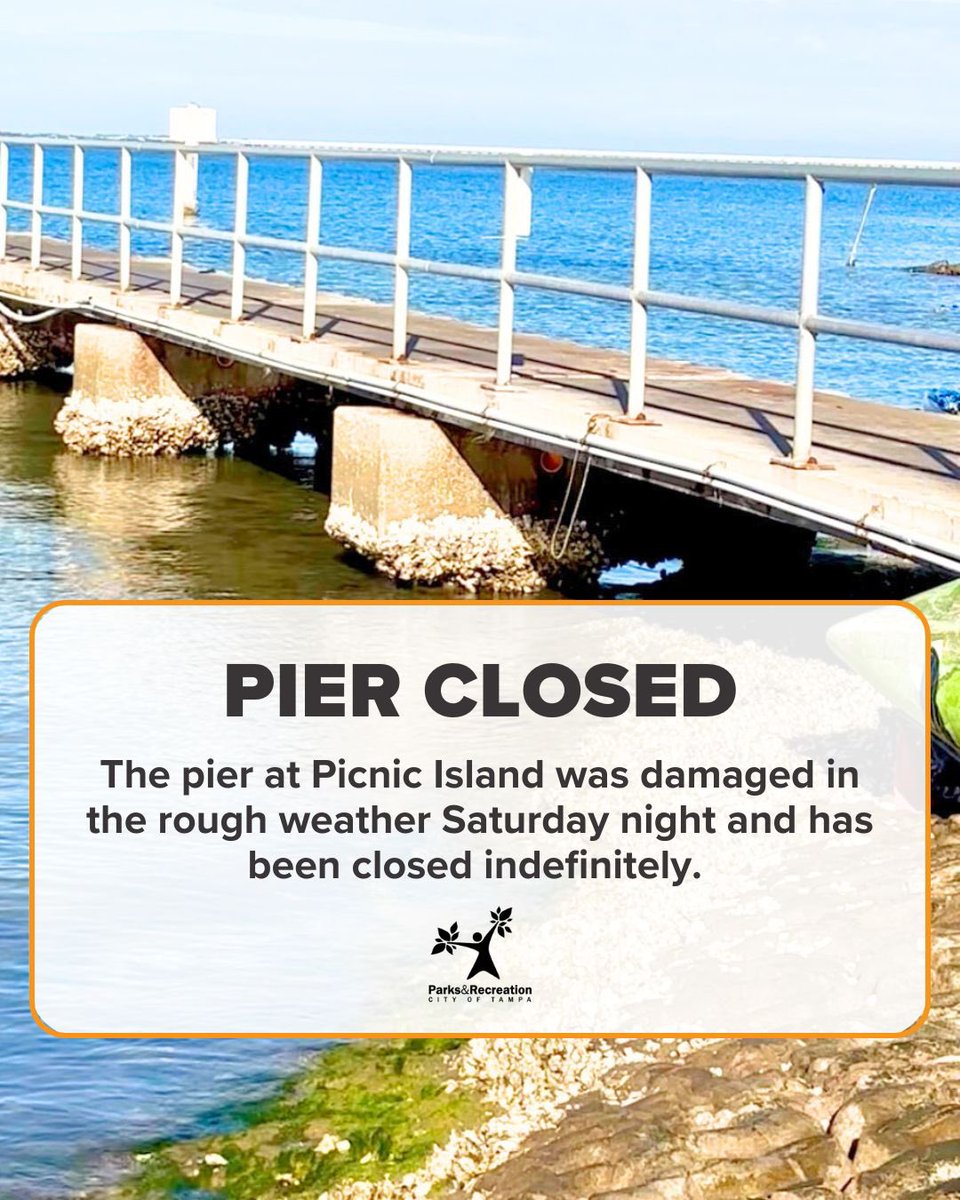 tampaparksrec's tweet photo. The pier at Picnic Island Park, 7409 Picnic Island Blvd., is closed until further notice after having been damaged in the Saturday night storm. A formal inspection is expected to be conducted this week. https://t.co/kNMAAtVxur
